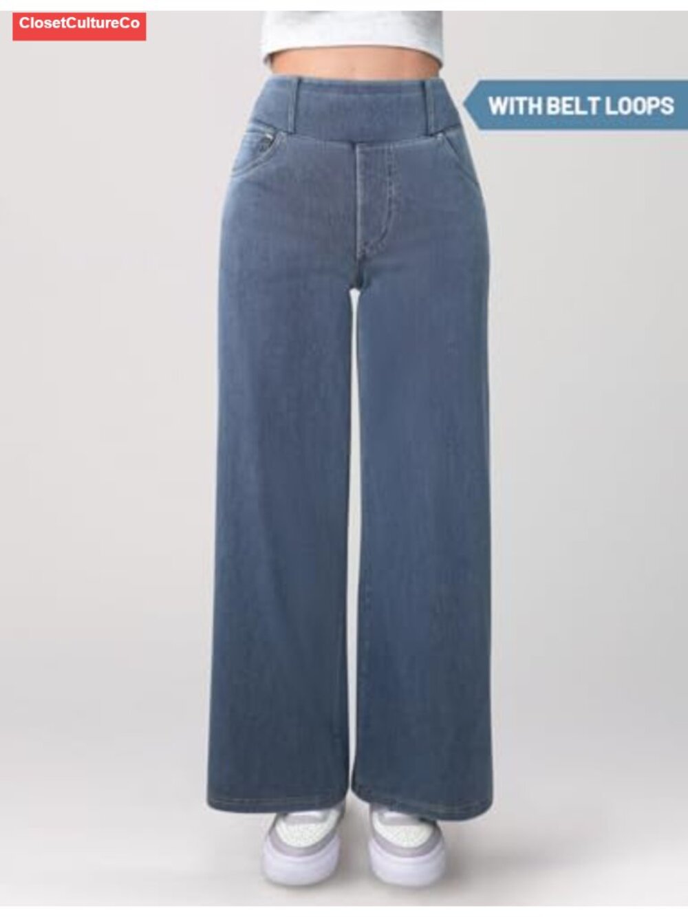 Women's Wide Leg High Waisted Stretch Pull-On Baggy Denim Jeans with Pockets - Picture 5 of 6